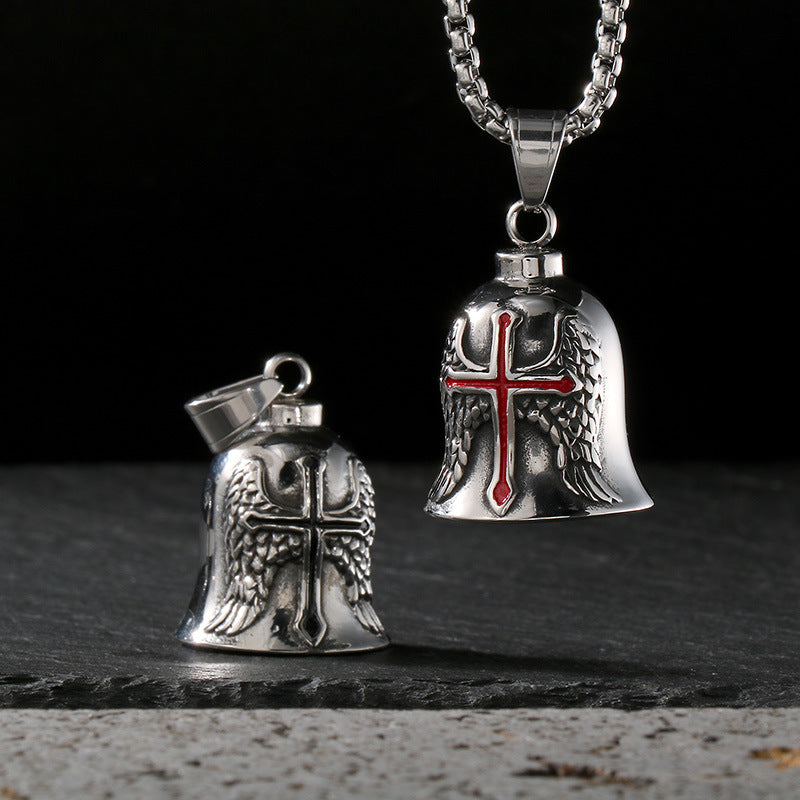 Viking Triangle Charm Locomotive Hanging Bells, Vintage Masonic Cross Angel Wings Bells Titanium Necklace