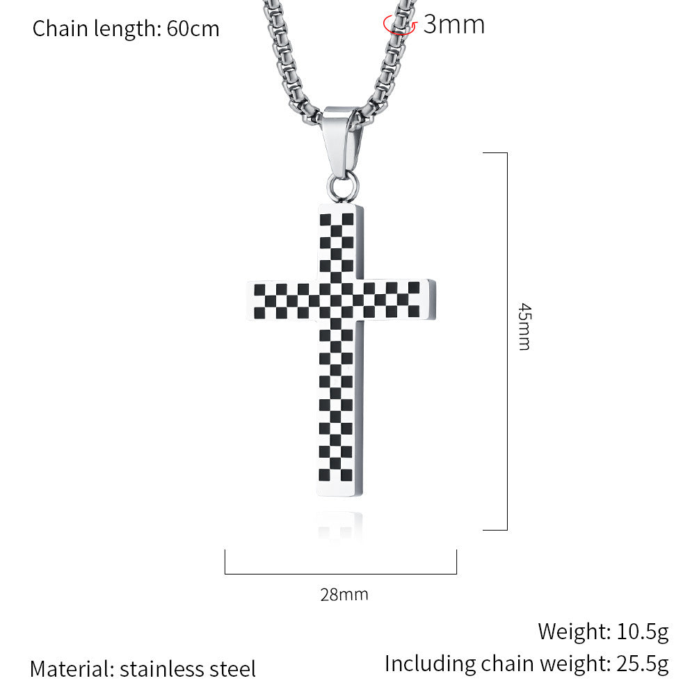 Planderful Titanium Steel Cross Necklace For Men And Women With Black And White Grid Racing Flag Pendant