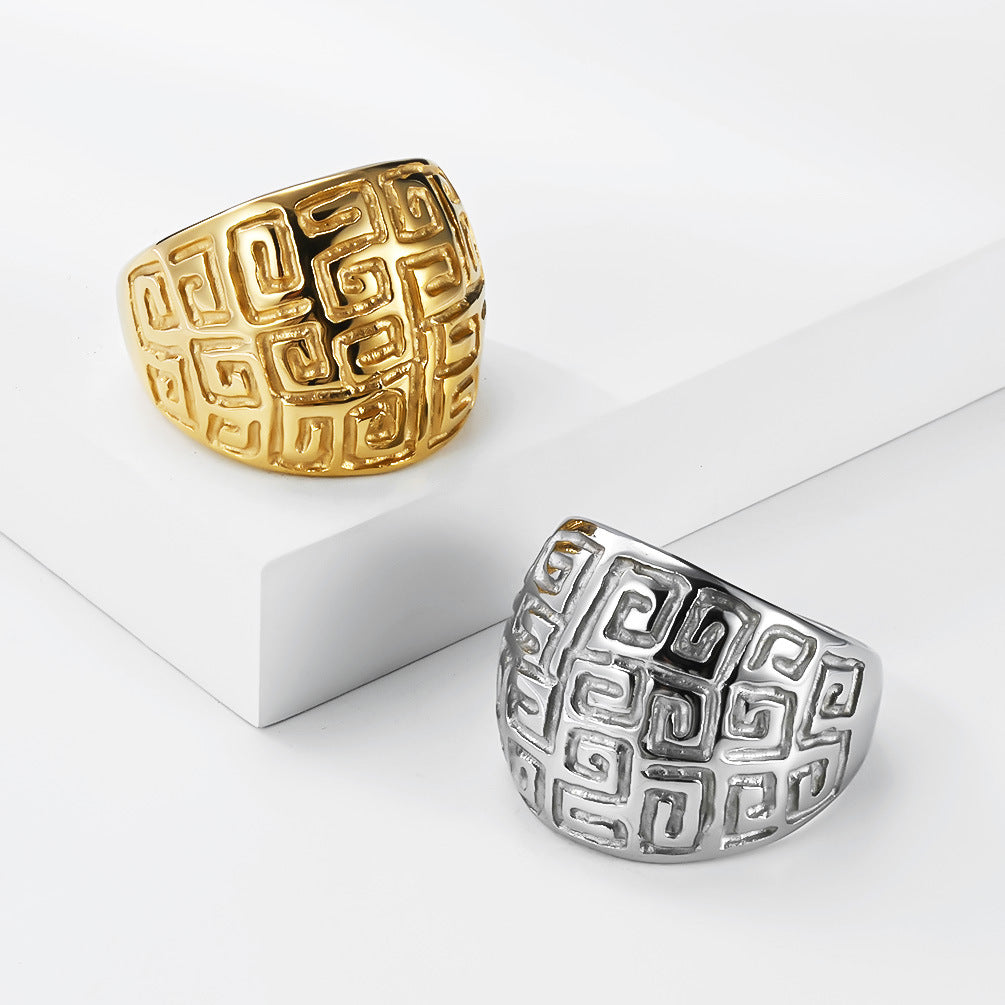 Planderful Titanium Steel Ring Unisex Non Fading Retro Geometric Pattern Everyday Genie