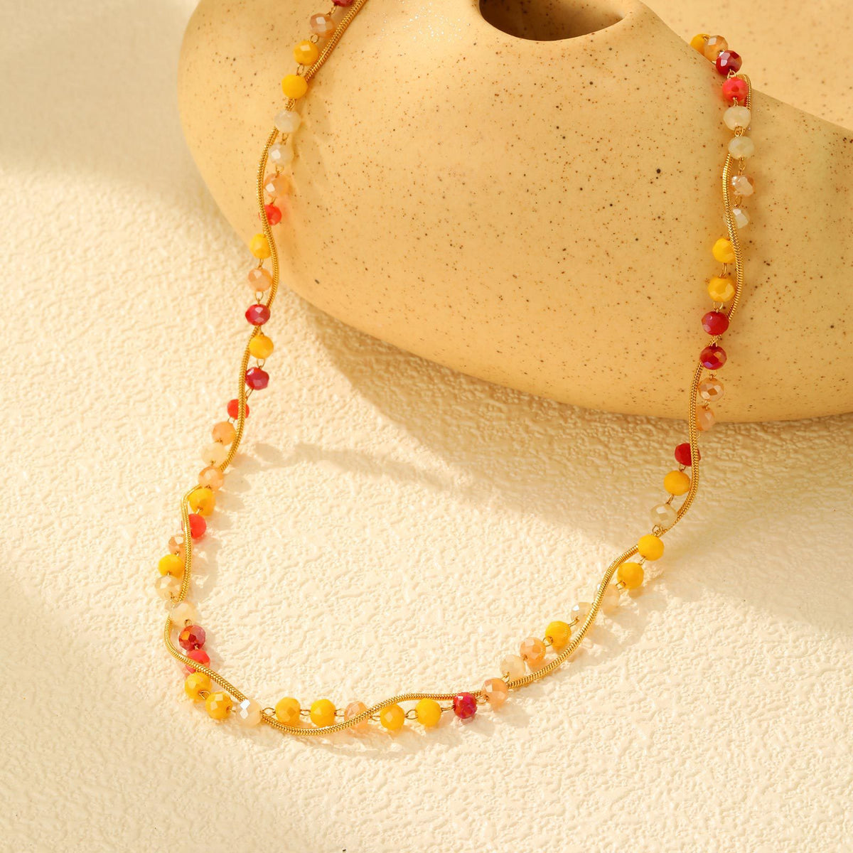 Stainless Steel Round Snake Chain Red & Yellow Mixed Color Glass Section Beaded Necklace