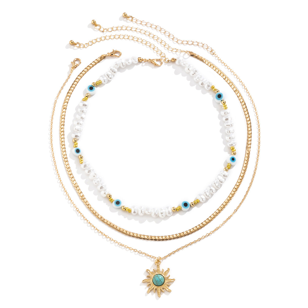 Court Retro Devil'S Eye Necklace Sun Pendant Irregular Pearl Multi-Layer Stacked Necklace