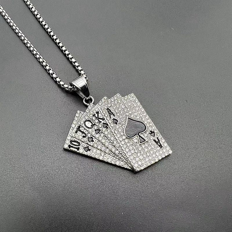 Planderful Everyday Genie Hip Hop Jewelry Titanium Steel Gold Plated Rhinestone Playing Card Necklace For Hip Hop Fans