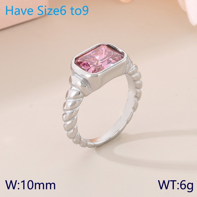 Twist Edge Square Inlaid Glass Ring Female, Design Sense Sugar