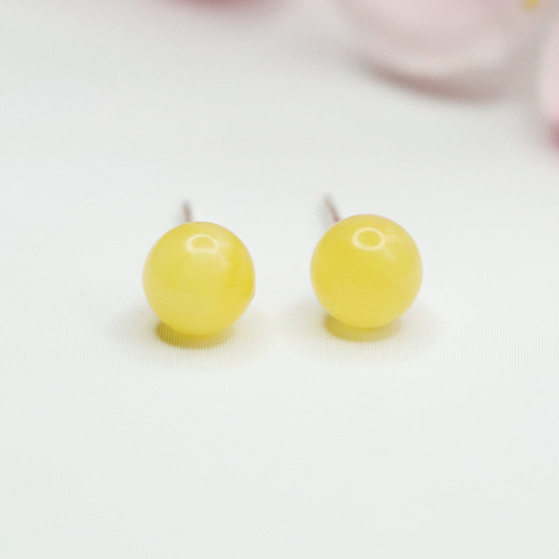 Beeswax Amber Round Bead Stud Earrings