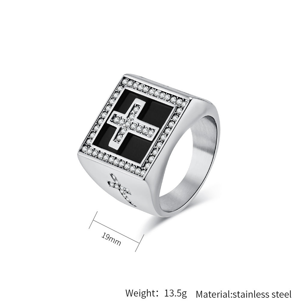 Planderful Hip Hop Ring For Men Zircon Cross Square Seal Plated Titanium Steel Bold Statement