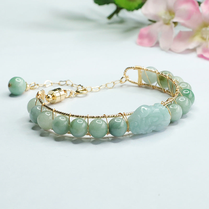 Jade Pixiu Sterling Silver Bracelet with Natural A-grade Jade Ball