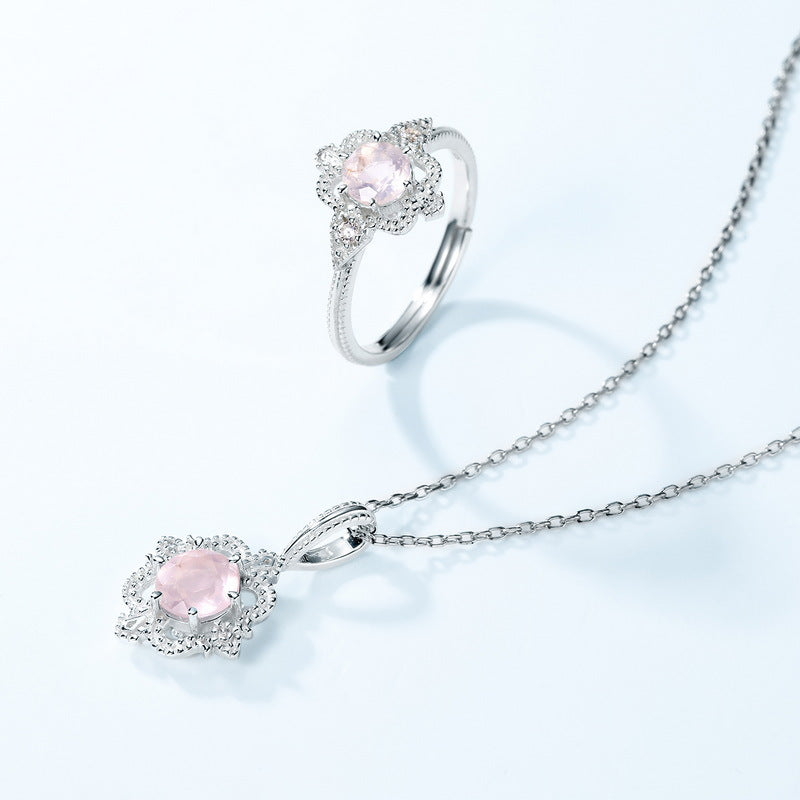Round Cut Pink Crystal Flower Silver Necklace