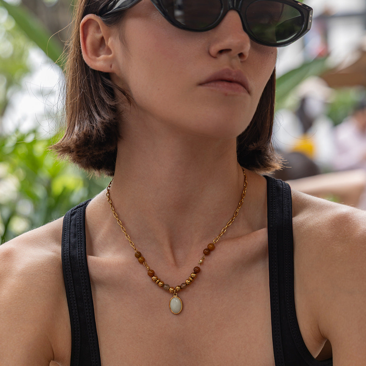 Vacation Gravel Pendant Beaded Collarbone Chain Retro Colored Gemstone Stainless Steel Neck Necklace