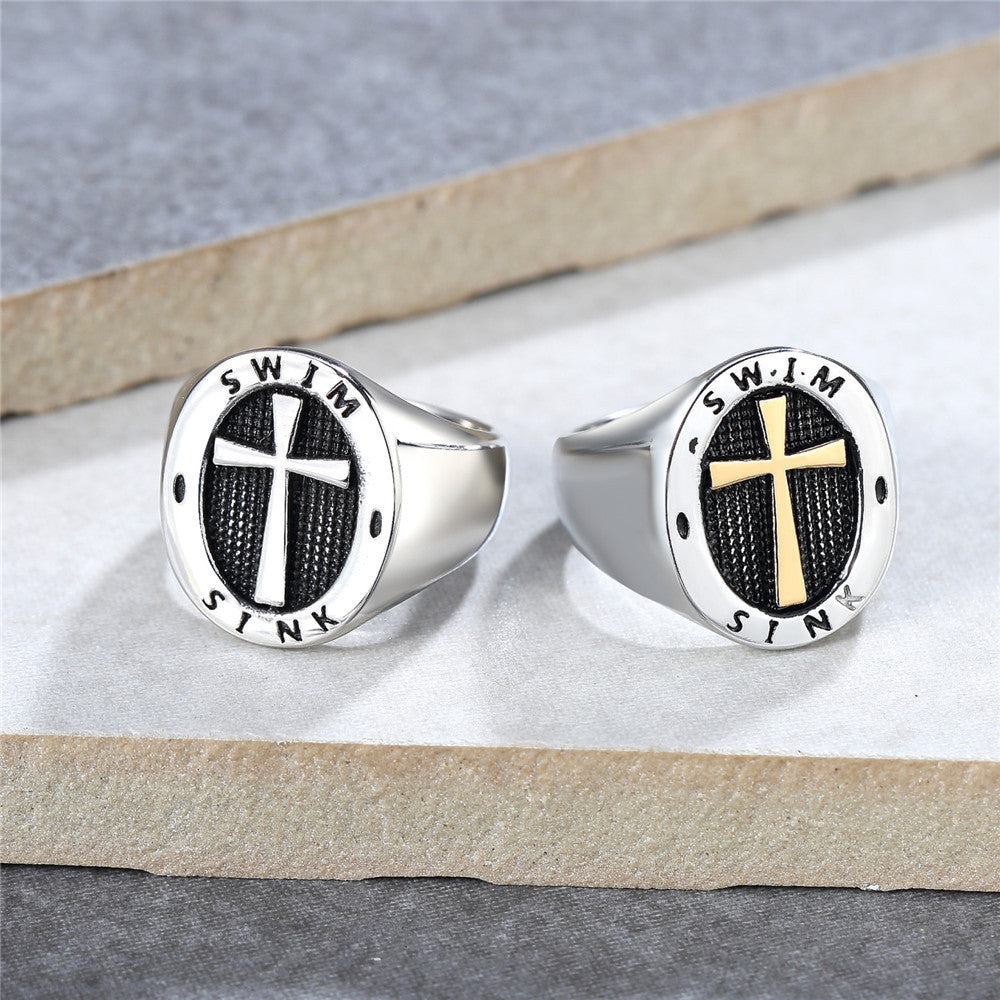 Byzantine Cross Oval Titanium Steel Ring for Men