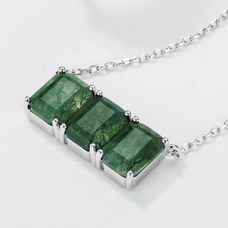 S925 Sterling Silver Moss Agate Geometric Necklace