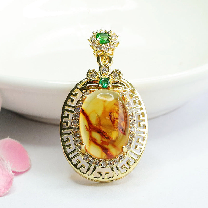 Amber Flower Pendant with Zircon Hollow Design in Sterling Silver