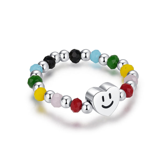 Adjustable S925 Sterling Silver Ring with Sweet Heart and Smile Face Beads