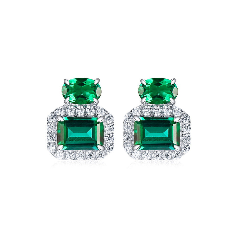 S925 Sterling Silver Lab-Grown Emerald Square Stud Earrings