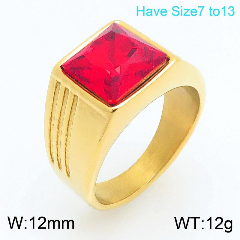 Popular Vacuum Electroplated Rings, Retro Square Red Gemstone Titanium Steel Trendy