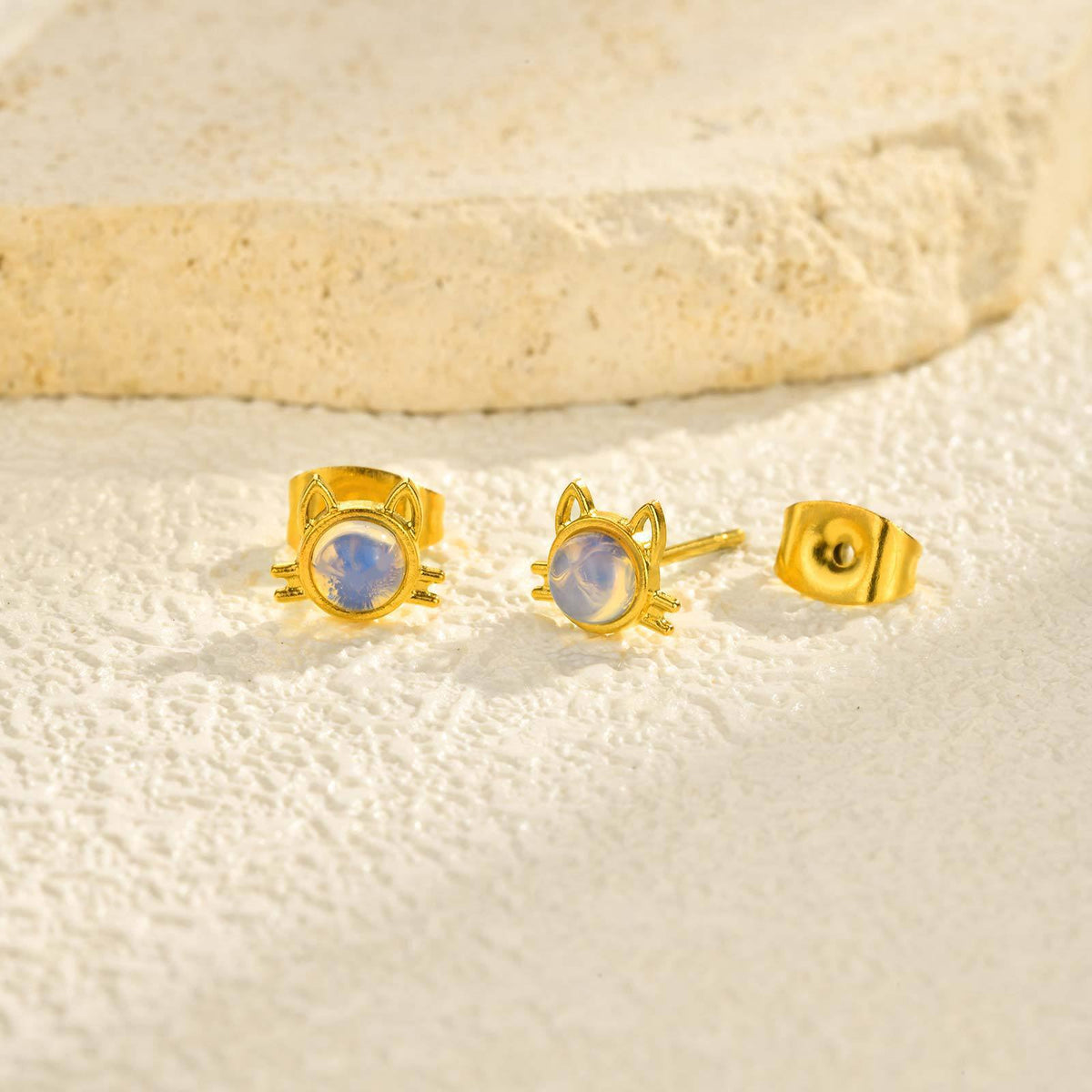 Gold-Tone Opalescent Cat Stud Earrings