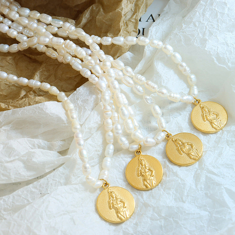 French Gold-Plated Portrait Medallion Pendant Pearl Necklace