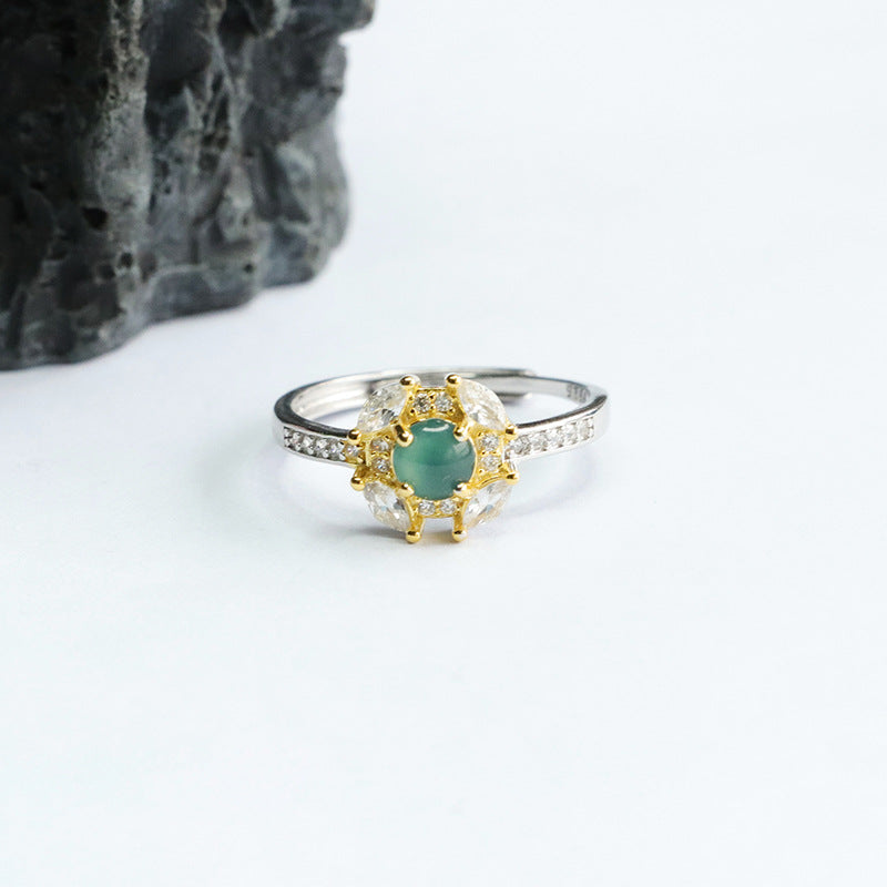Jade and Zircon Sterling Silver Flower Ring with Ice Blue Green Jade