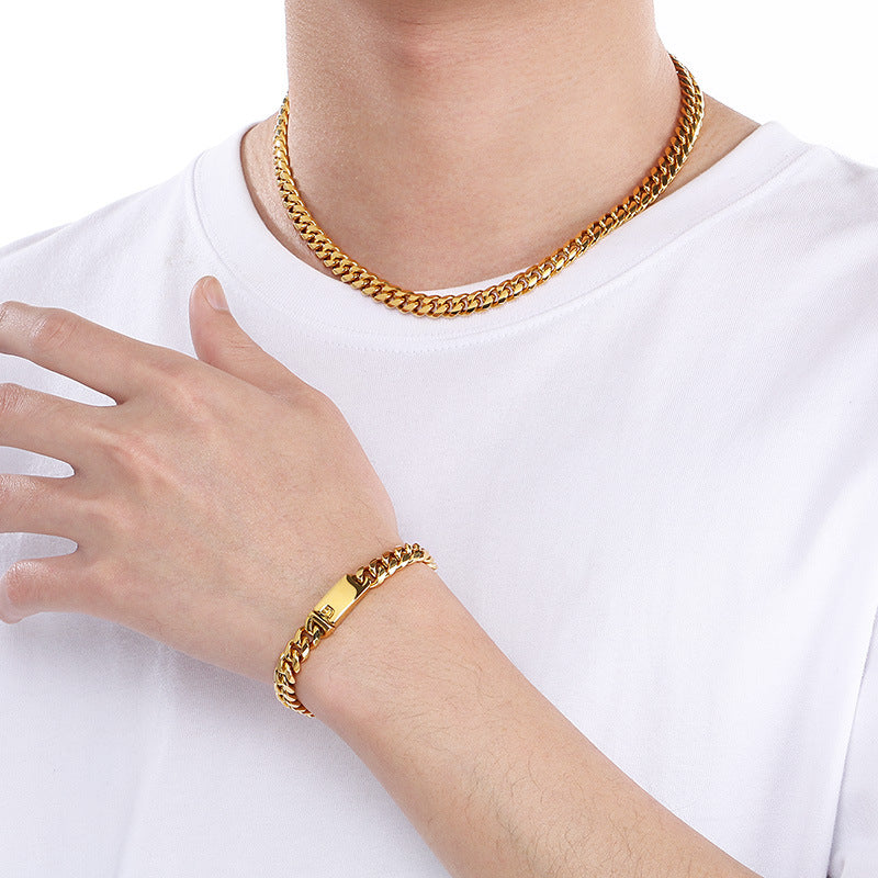 Bend Plug Bracelet 8mm Stainless Steel Cuban Chain Set Men