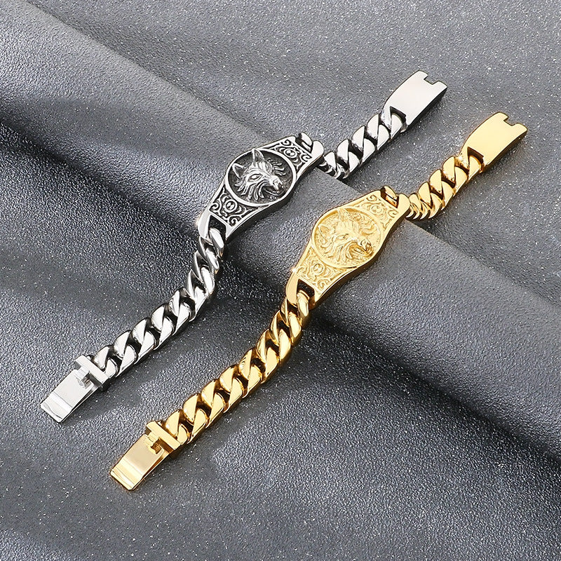 Punk Style – Wolf King Round Brand Layered Cuban Chain Titanium Bracelet