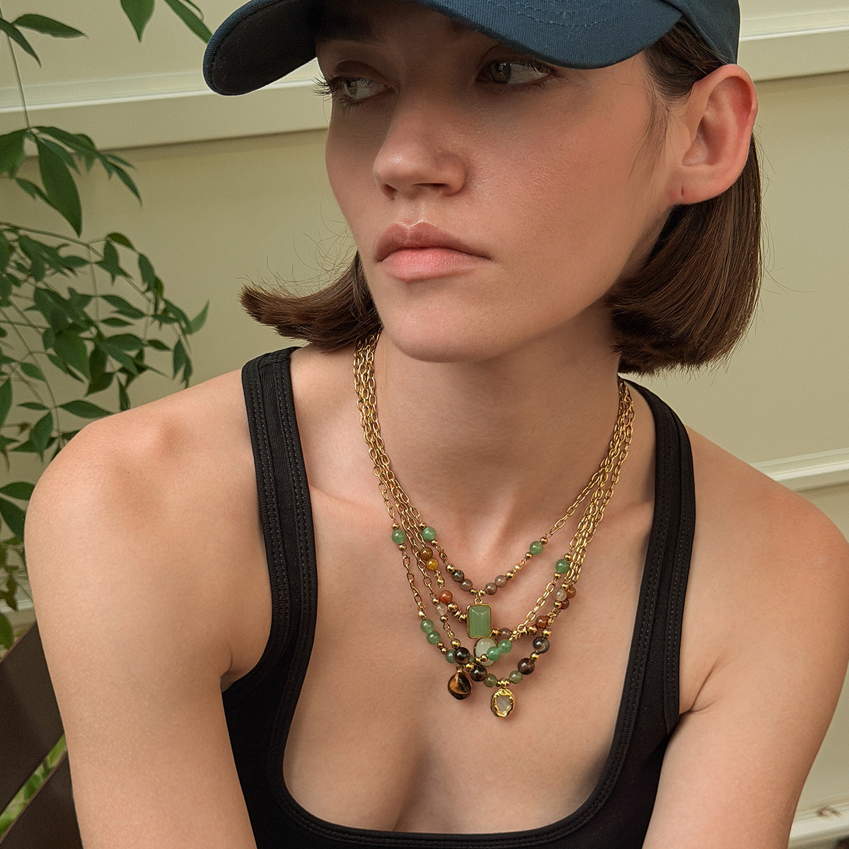 Vacation Gravel Pendant Beaded Collarbone Chain Retro Colored Gemstone Stainless Steel Neck Necklace