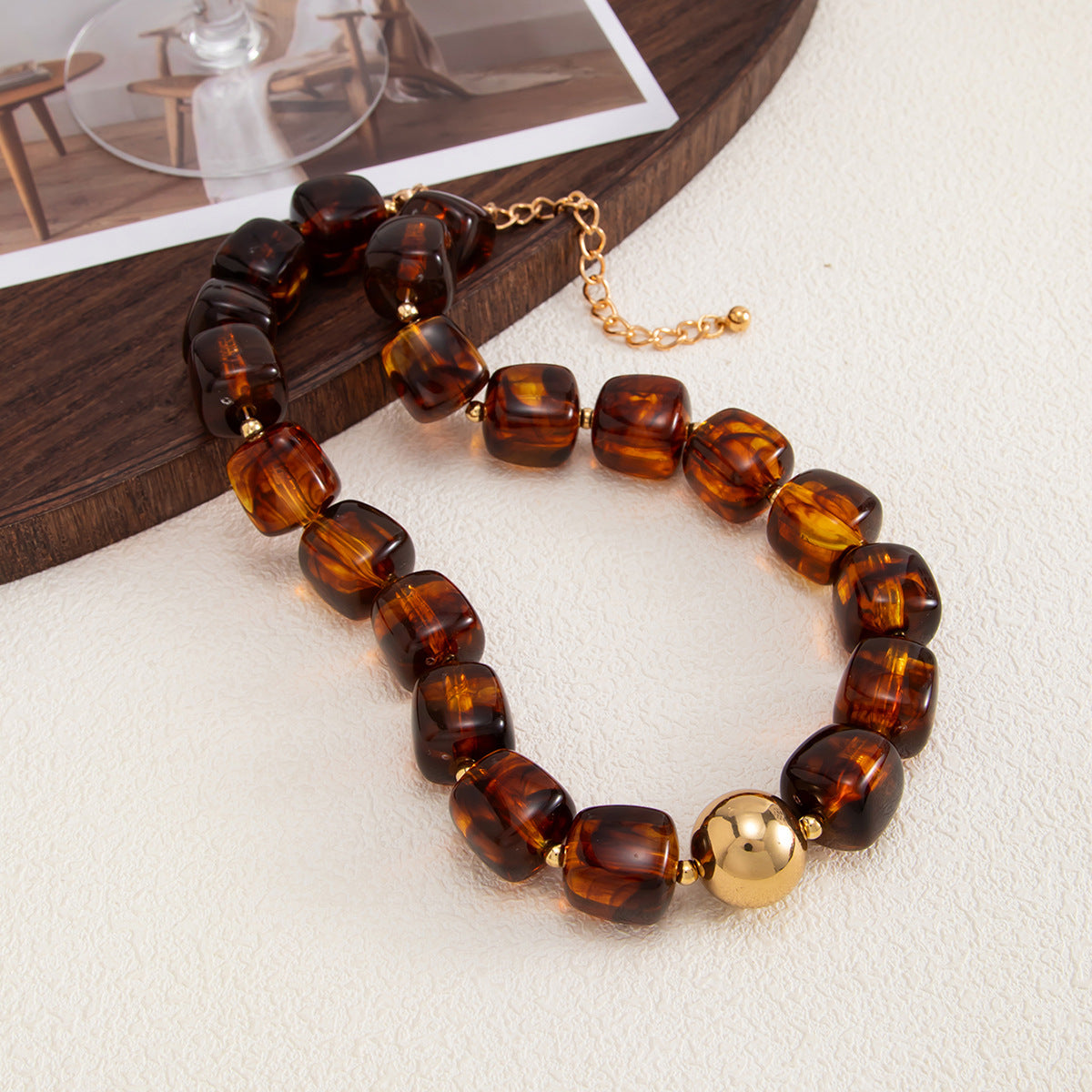 Design Color Resin Beaded Necklace Holiday Style Smudged Multi-Color Collarbone Necklace
