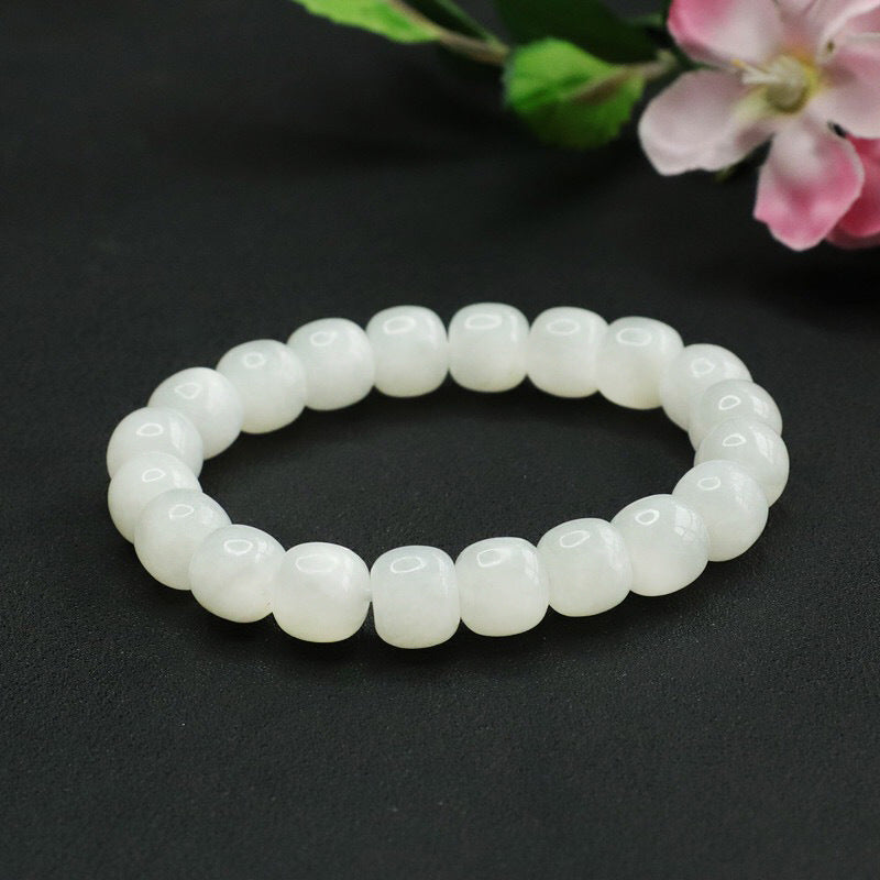 White Jade Bucket Beads Bracelet with Sterling Silver Needle - Fortune's Favor Collection