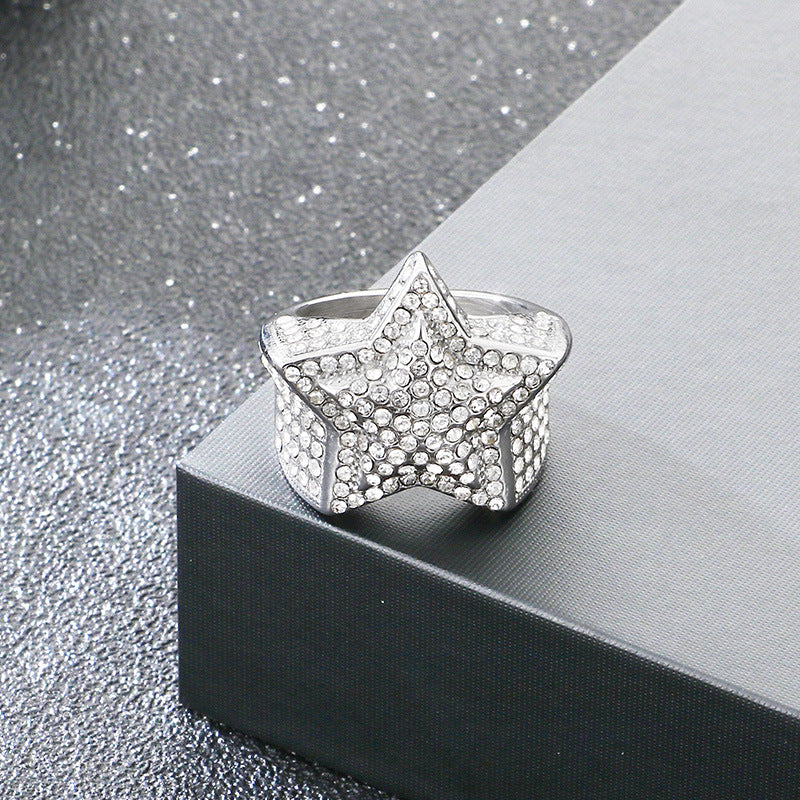 Luxury Zircon Star Ring, Hip-Hop Rock Full Of Zircon Three-Dimensional Five-Pointed Star Stainless