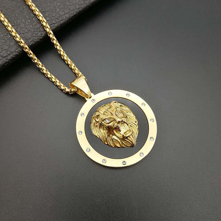 Planderful Lion Head Necklace Zircon Gold Plated Stainless Steel Unisex Hip Hop Style Statement Pendant