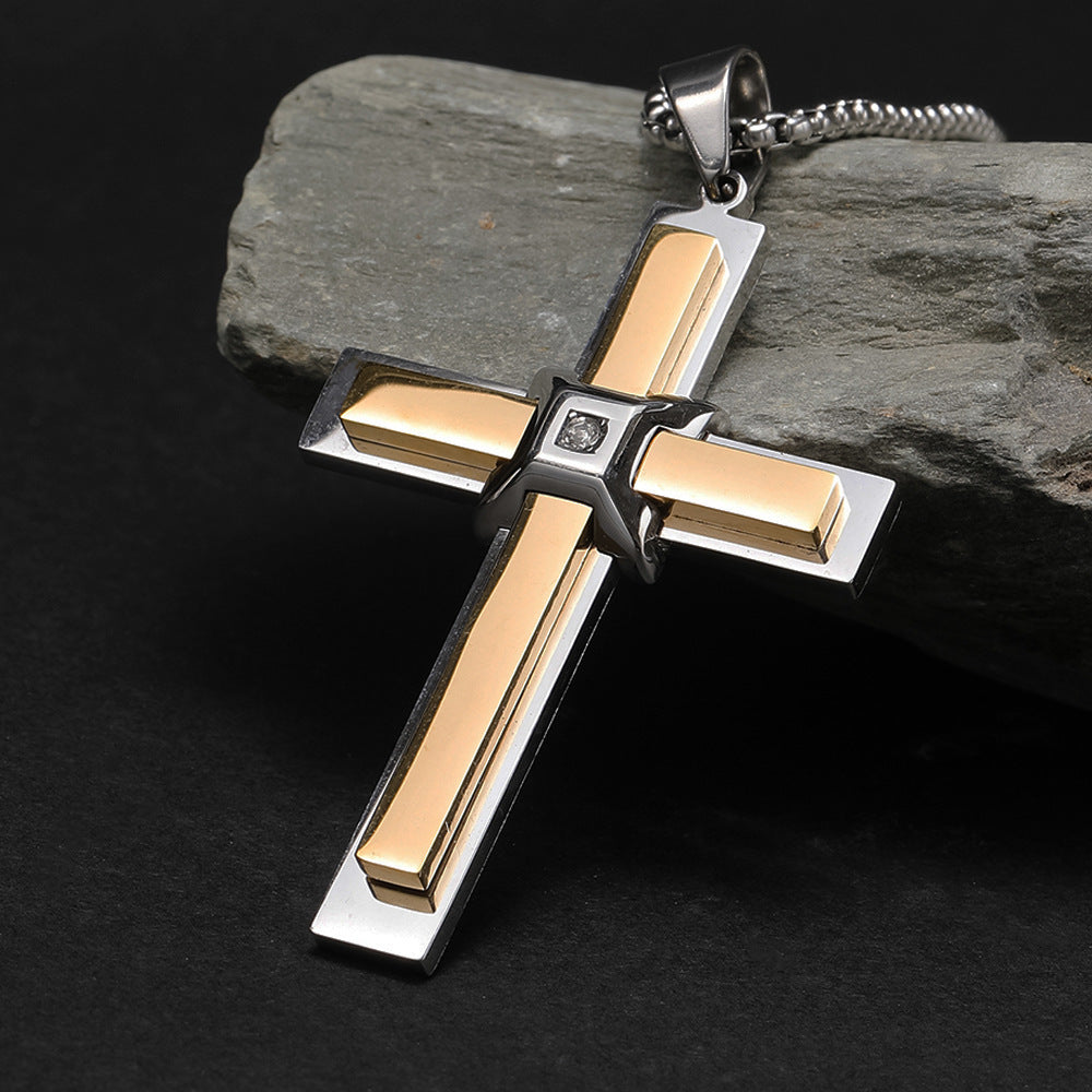 Planderful Mens Cross Pendant Necklace Titanium Steel With Zircon Inlay Gift For Him