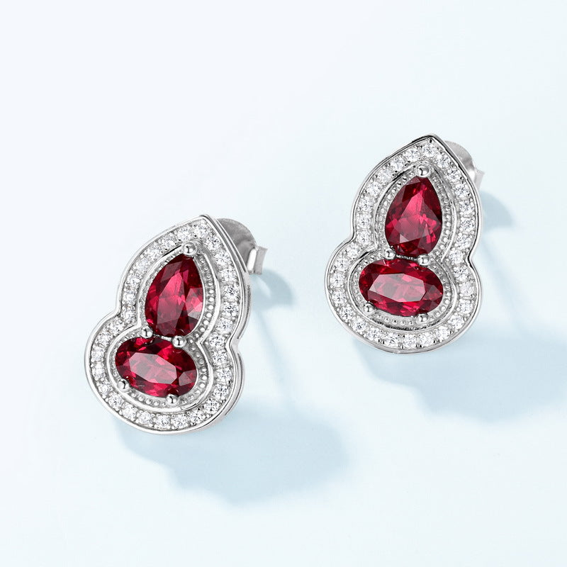 S925 Sterling Silver Lab-Grown Ruby Gourd Stud Earrings