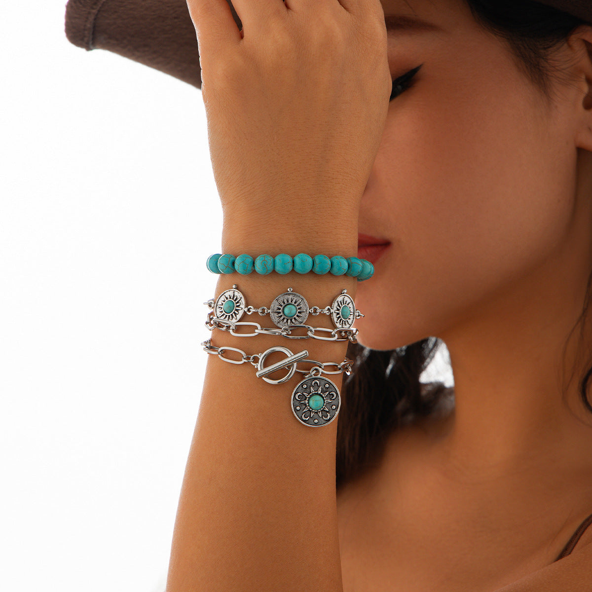 Planderful Snake Bone Bracelet For Women Unique Multi Element Ethnic Vintage Turquoise Denim Statement