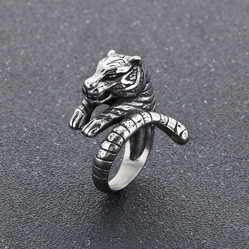 Planderful Zodiac Tiger Head Ring Mens Titanium Steel
