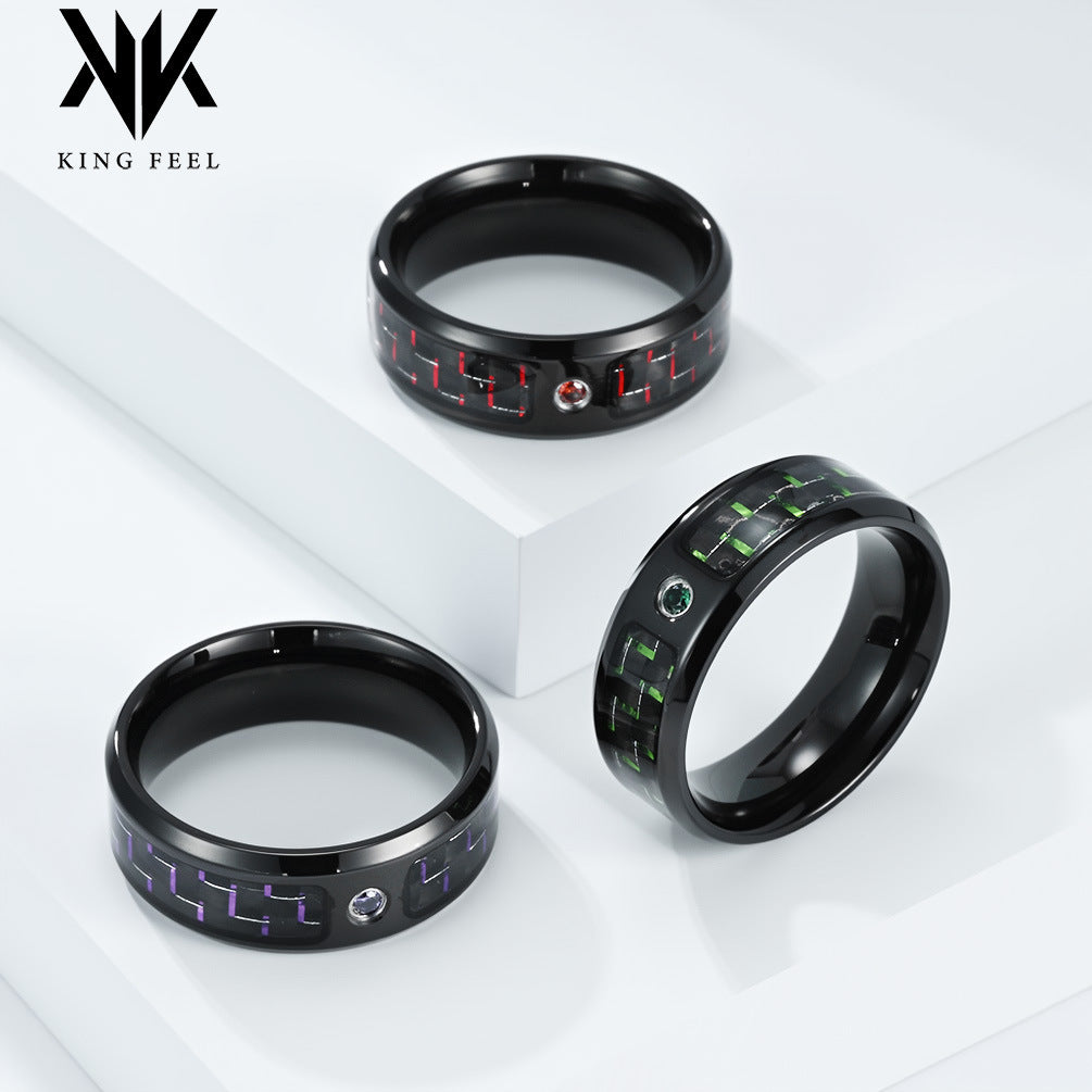 Stainless Steel Zircon Carbon Fiber Ring Men's