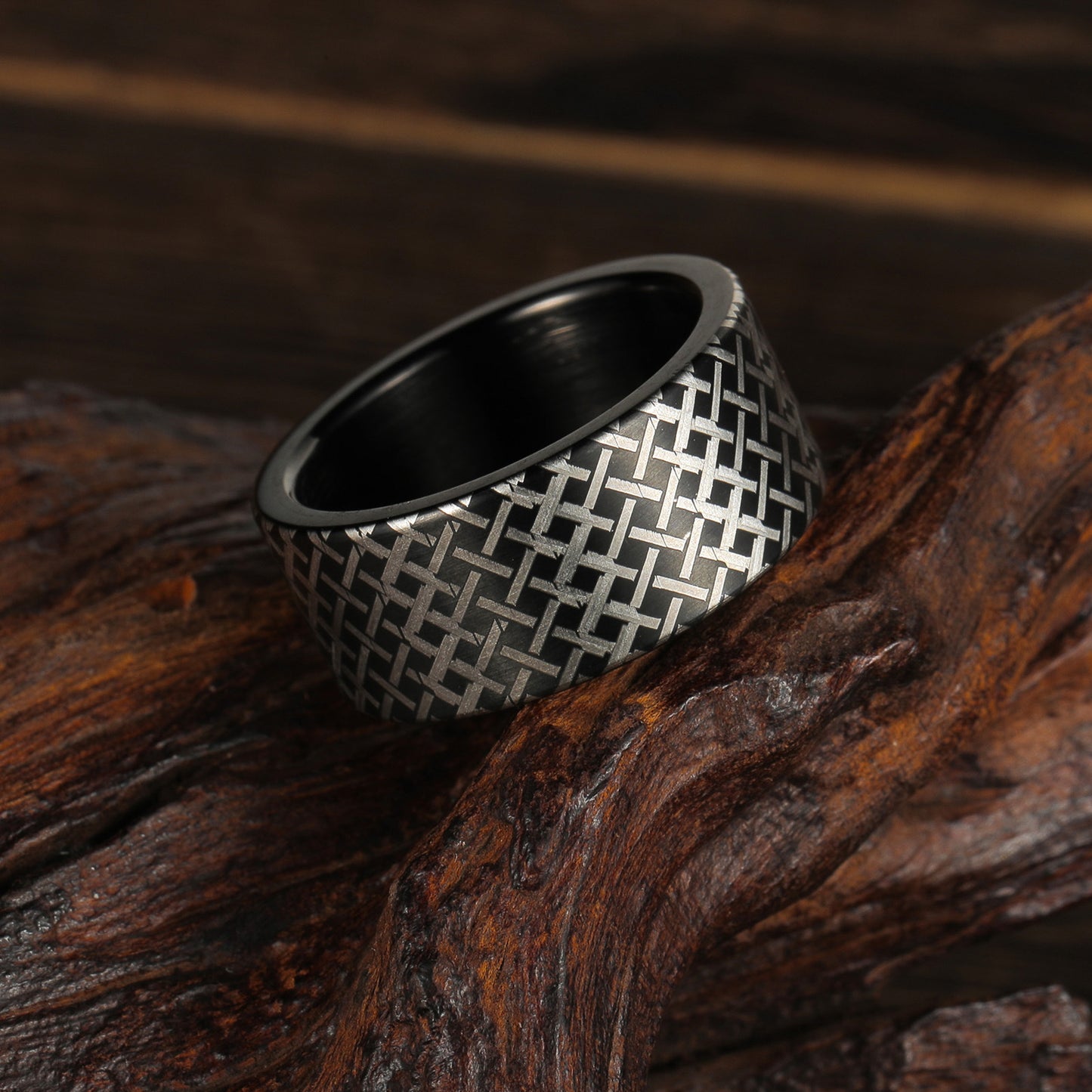 Stainless Steel Men's Ring Planderful Everyday Genie 10mm Grid Line Durable Unisex Statement Jewelry