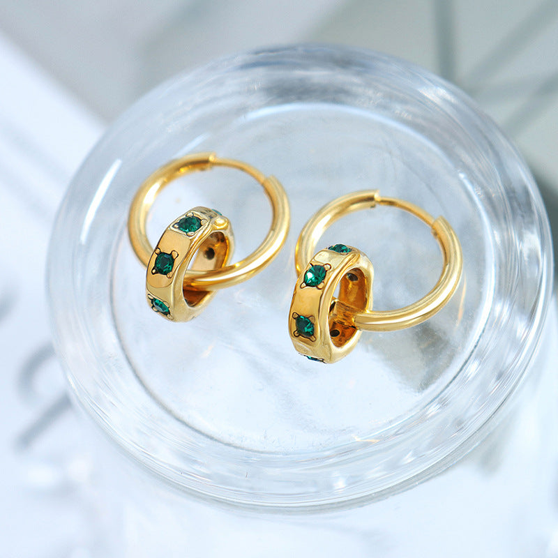 Green Zircon Inlaid Ring Pendant Earrings Set in Titanium Steel