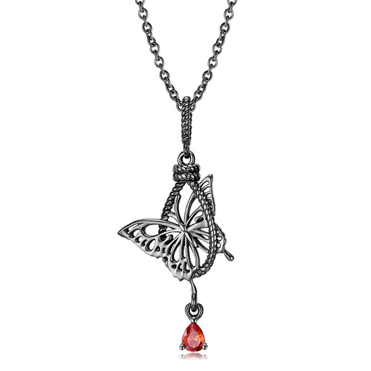 Rope Knot Butterfly Red Zircon Silver Necklace