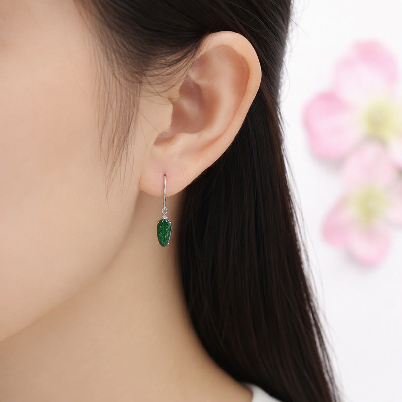 Jadeite Leaf 925 Silver Hook Earrings
