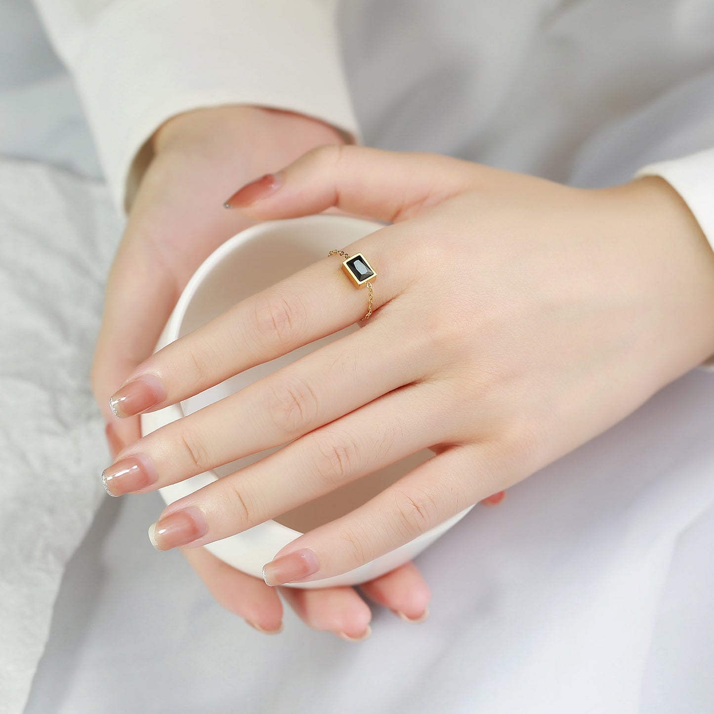 Titanium Steel Chain Ring Green Zircon Adjustable Black Ring