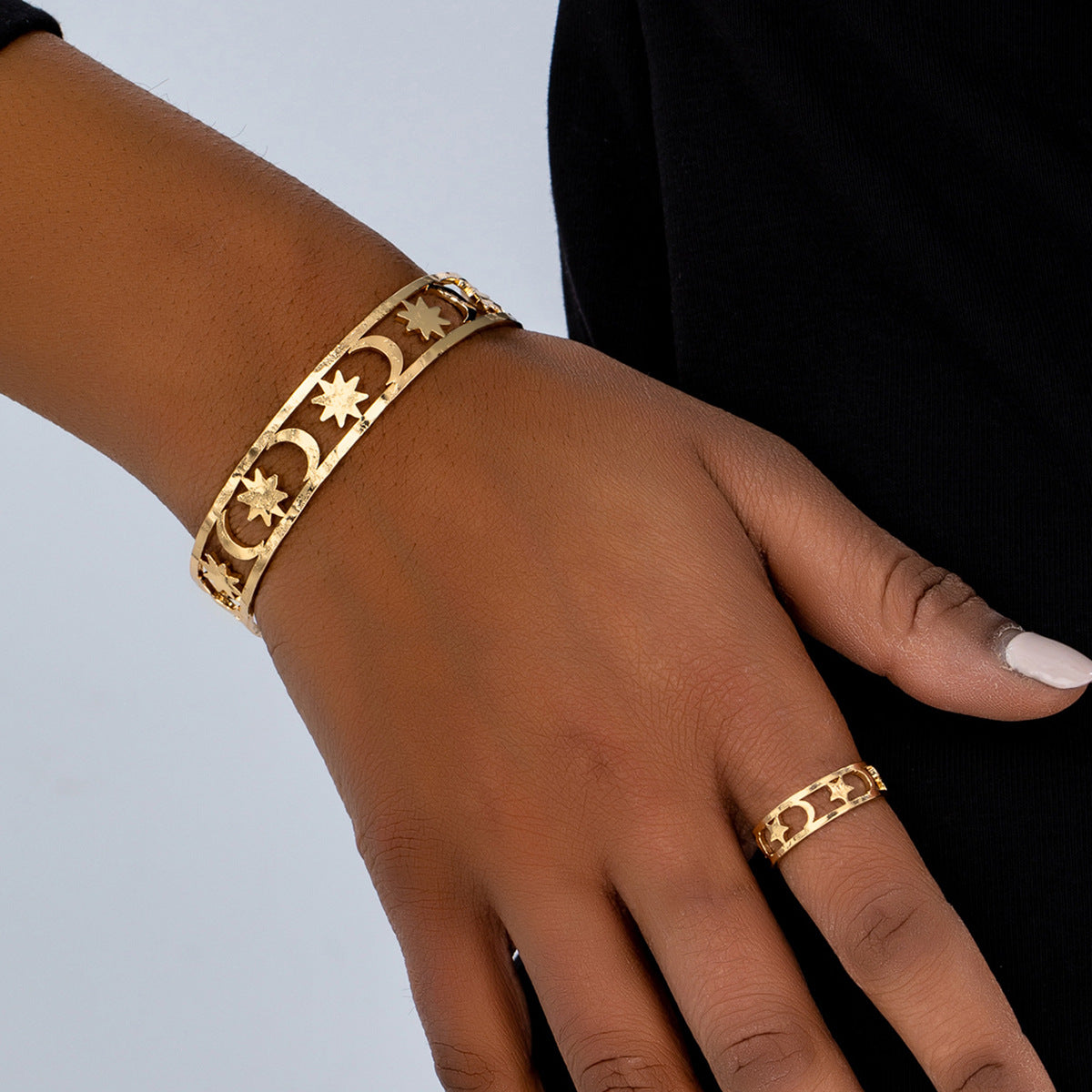 Exaggerated Hollow Star Moon Bracelet Ring Set by Planderful