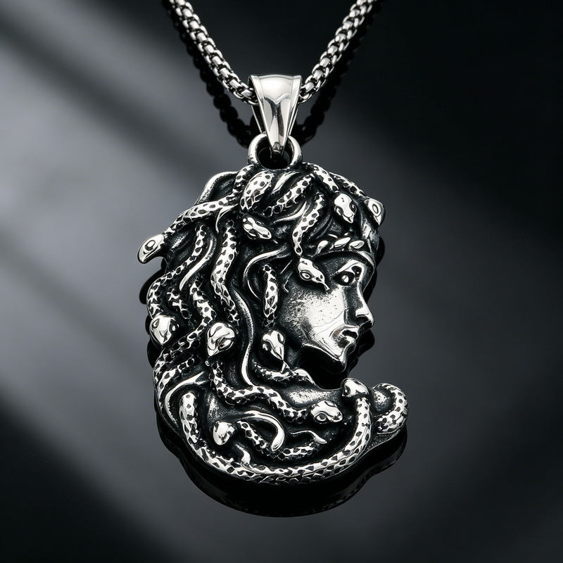 Dark Rock Clown Mask Pendant Punk Wind Smear Snake Hair Witch Stainless Necklace
