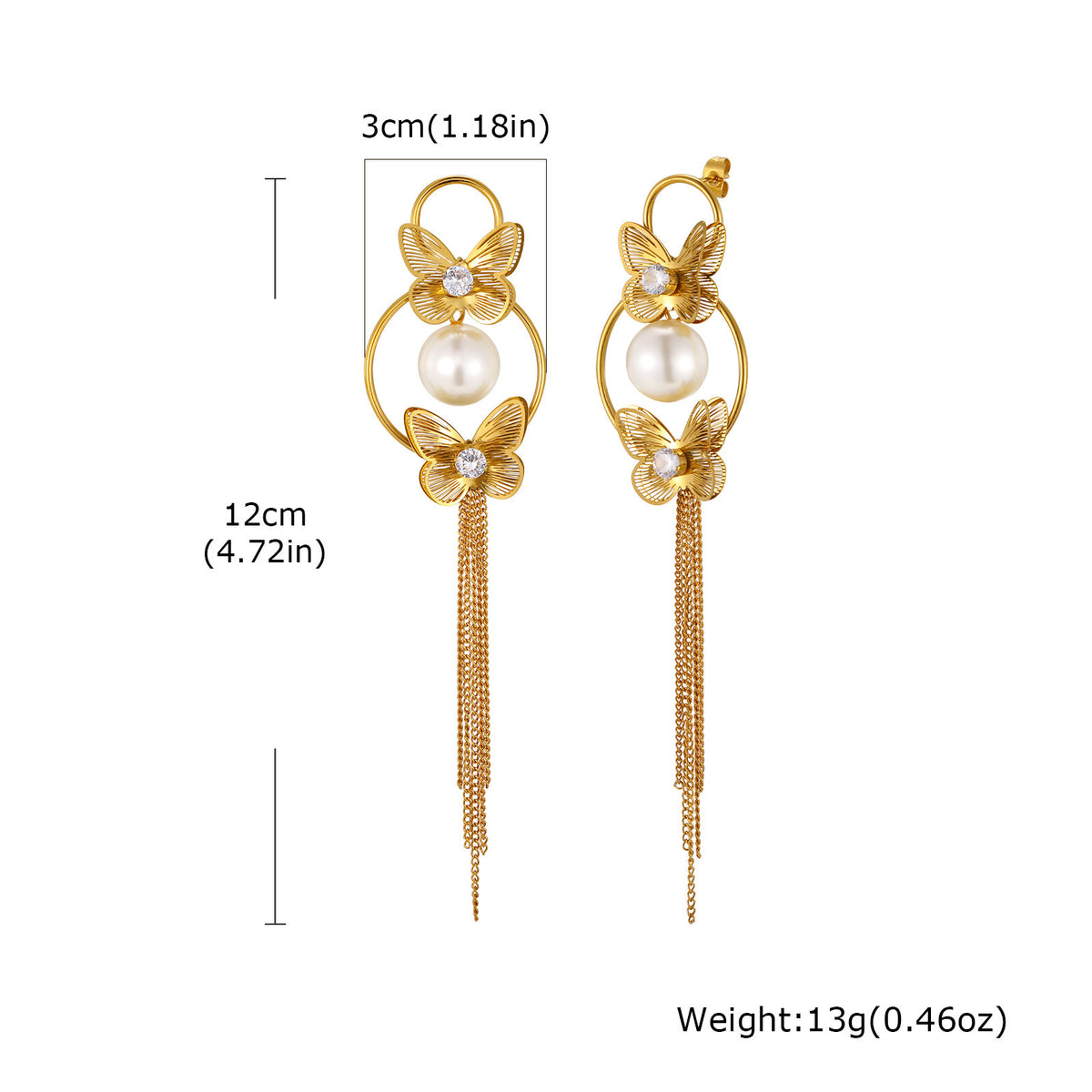 Gold-Tone Butterfly Pearl Chain Tassel Earrings