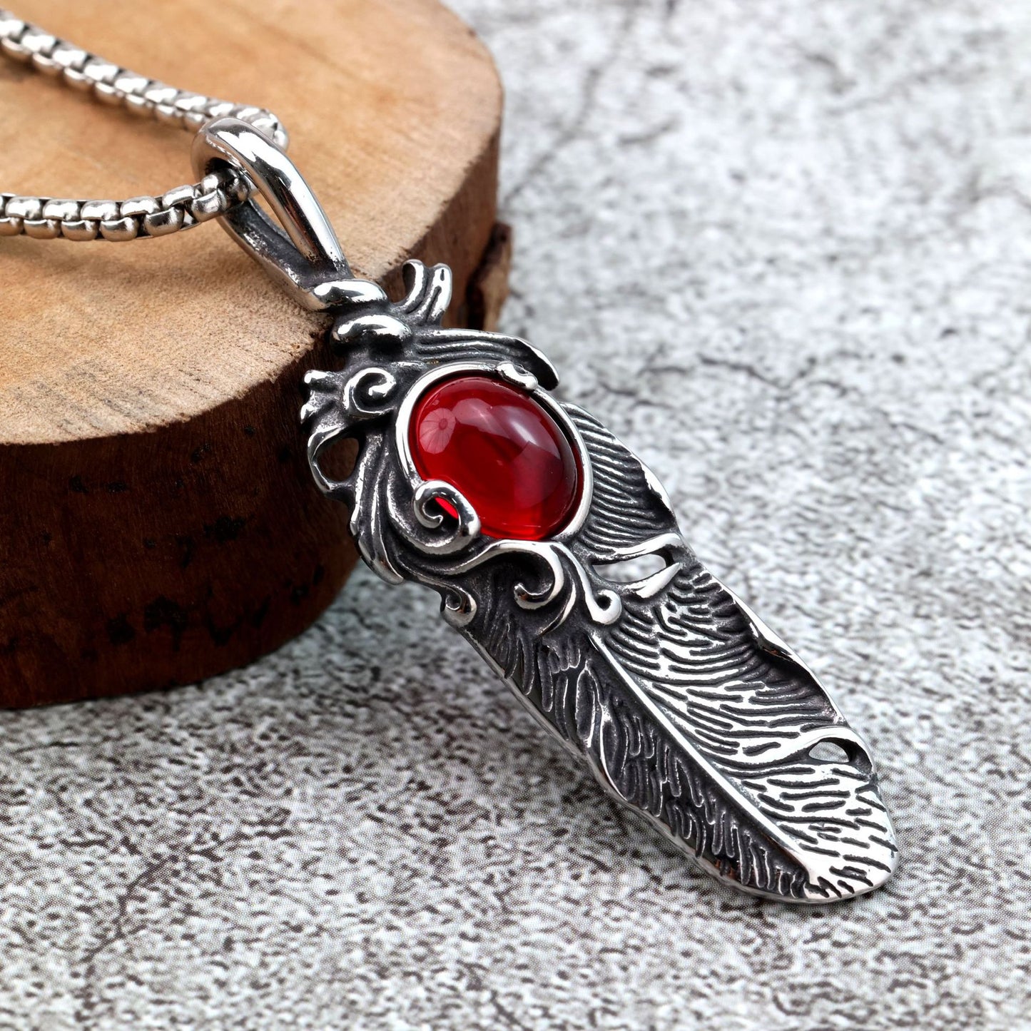 Planderful Pendant For Him European Retro Style Stainless Steel Feather Inlaid Stone Necklace