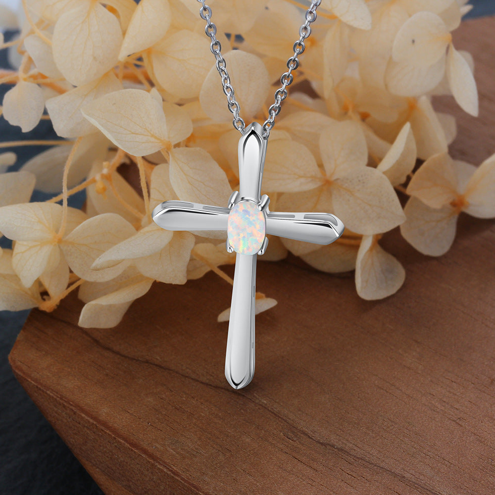 Planderful Jewelry Opal Cross Necklace Sterling Silver