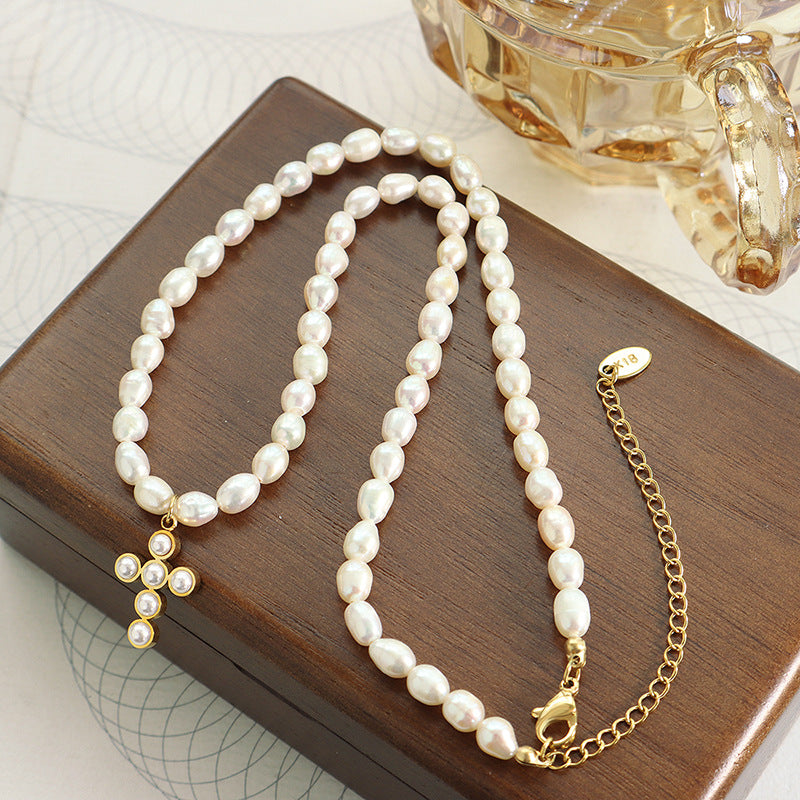 Elegant Pearl Cross Pendant Necklace with Freshwater Pearls