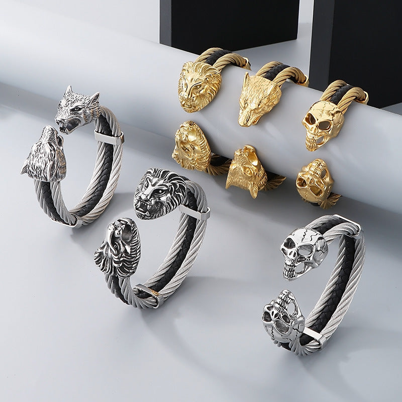 Planderful Mens Skull Wolf Head Steel Leather Bracelet