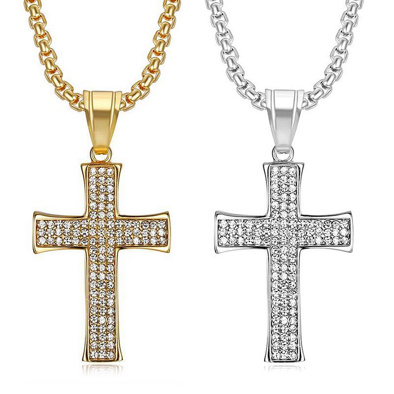 Planderful Everyday Genie Hip Hop Cross Pendant Necklace Titanium Steel Gold Plated Rhinestone For Fans
