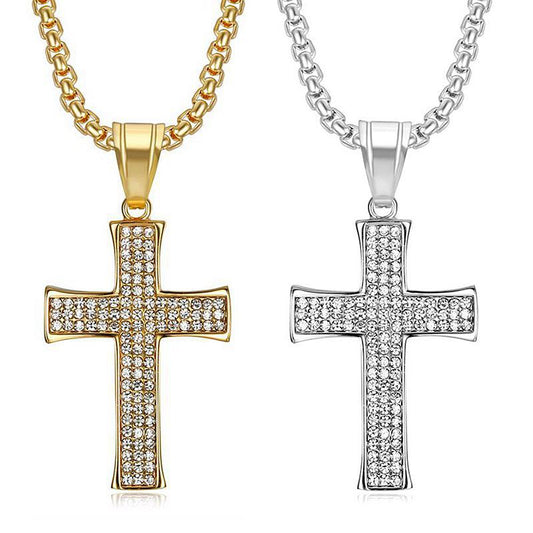 Planderful Everyday Genie Hip Hop Cross Pendant Necklace Titanium Steel Gold Plated Rhinestone For Fans