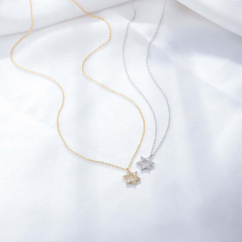 S925 Sterling Silver Shimmering Zircon Hexagram Pendant Necklace Micro-Inlaid Zircon Necklace Silver Jewelry
