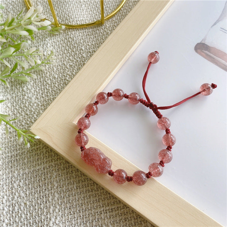 Crystal Pixiu Bracelet with Strawberry Crystal and Sterling Silver Charm