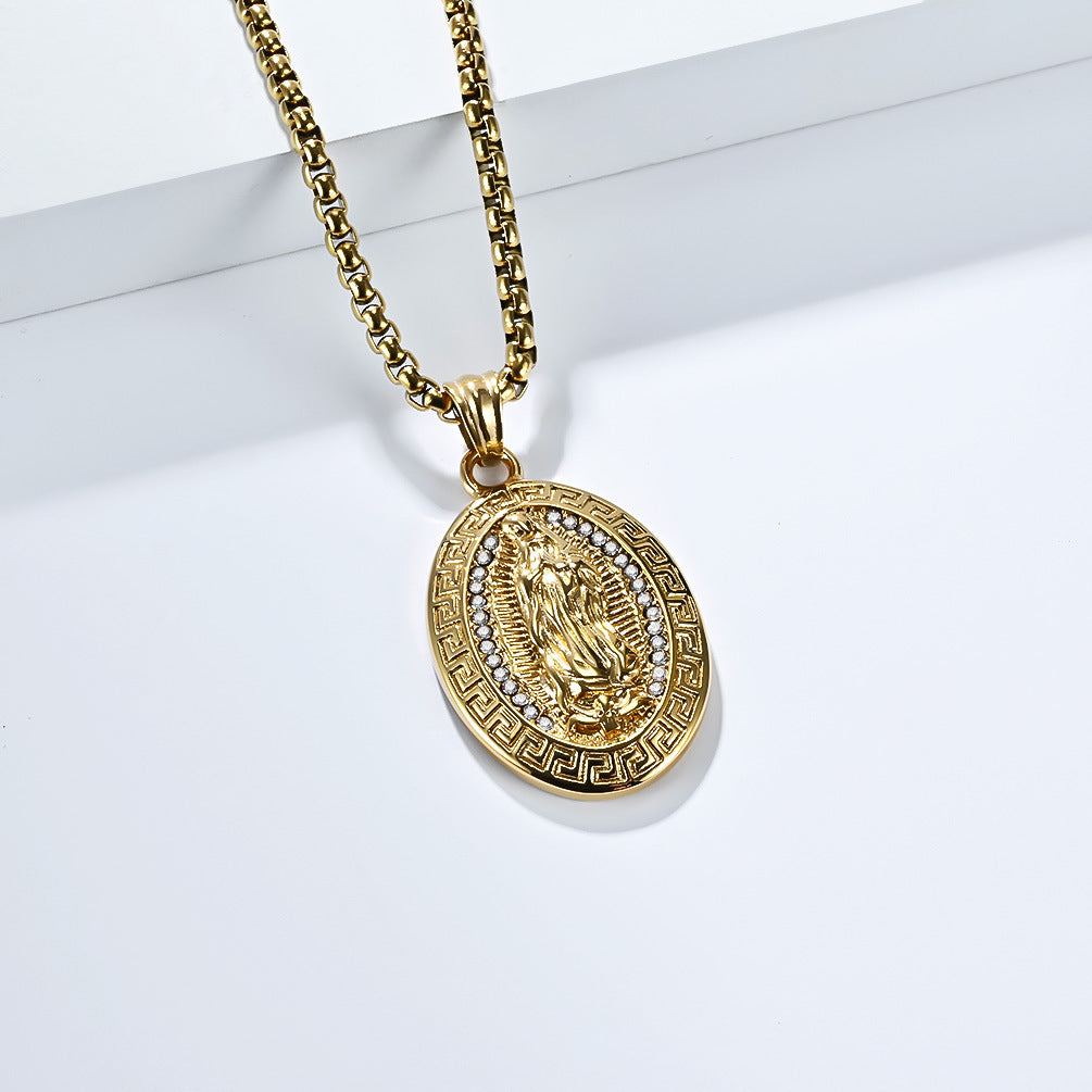 Planderful Virgin Mary Oval Pendant Necklace Titanium Steel Unisex Jewelry European Retro Relief Portrait